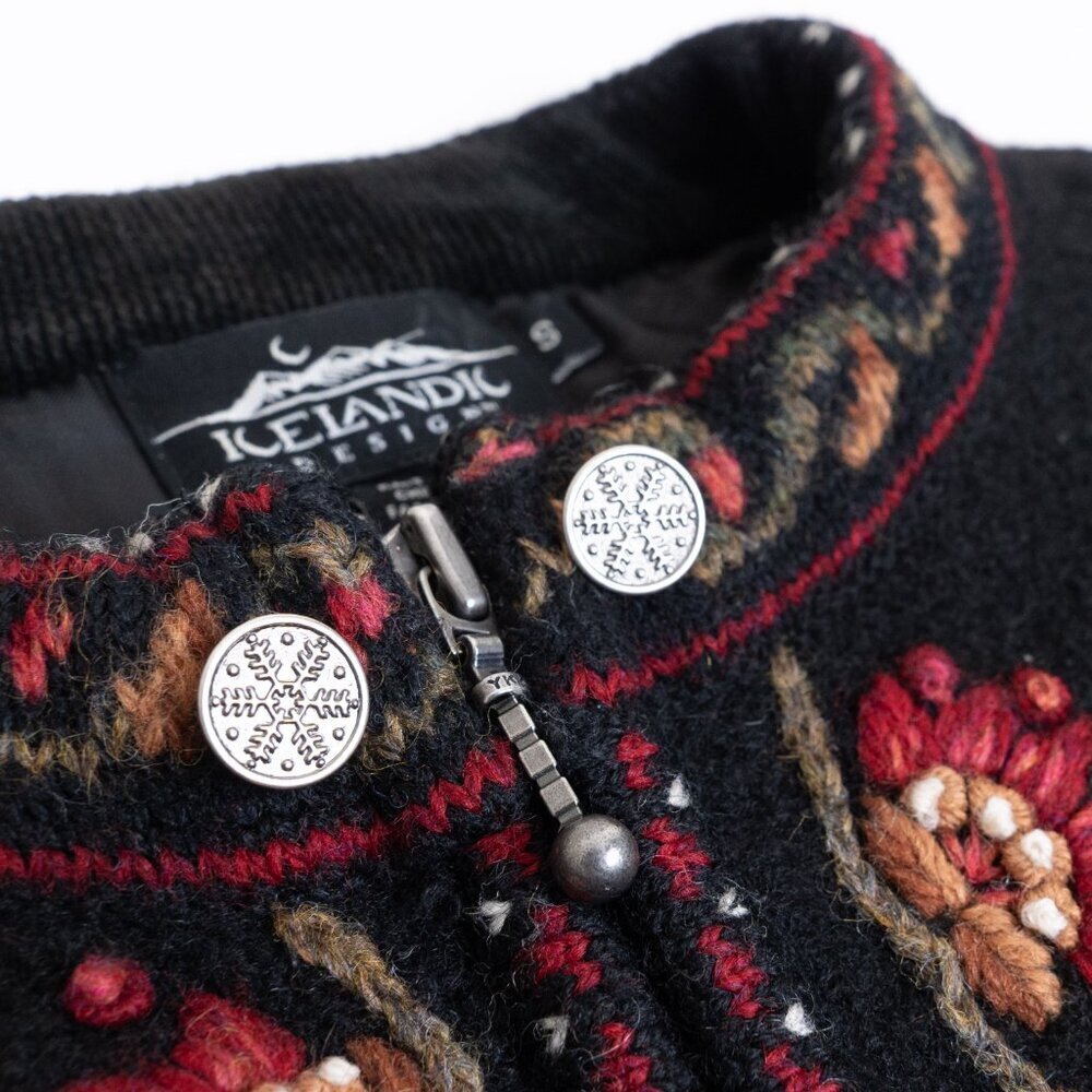Icelandic Design Wool Cardigan Full Zip Jacket Embroidered Floral Fair Isle - Picture 5 of 16
